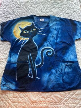 Impressions Women's Blue Black Cat V-Neck Scrub Top